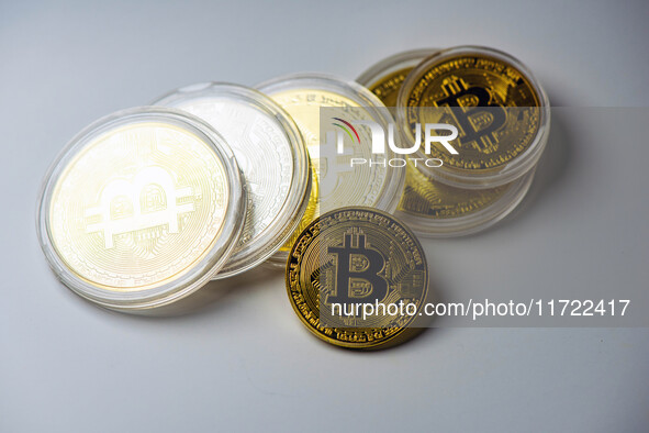 Bitcoin model commemorative coins are displayed in Huai'an, China, on October 30, 2024. 