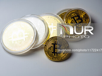 Bitcoin model commemorative coins are displayed in Huai'an, China, on October 30, 2024. (