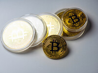 Bitcoin model commemorative coins are displayed in Huai'an, China, on October 30, 2024. (