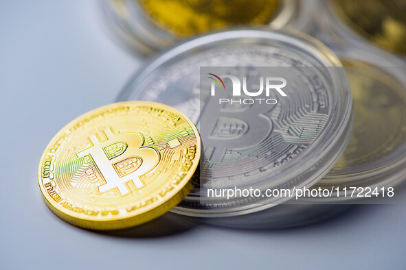 Bitcoin model commemorative coins are displayed in Huai'an, China, on October 30, 2024. 