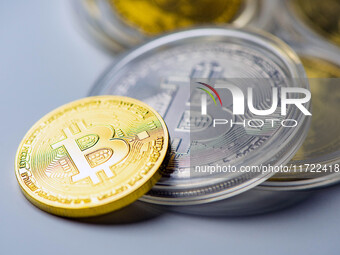 Bitcoin model commemorative coins are displayed in Huai'an, China, on October 30, 2024. (