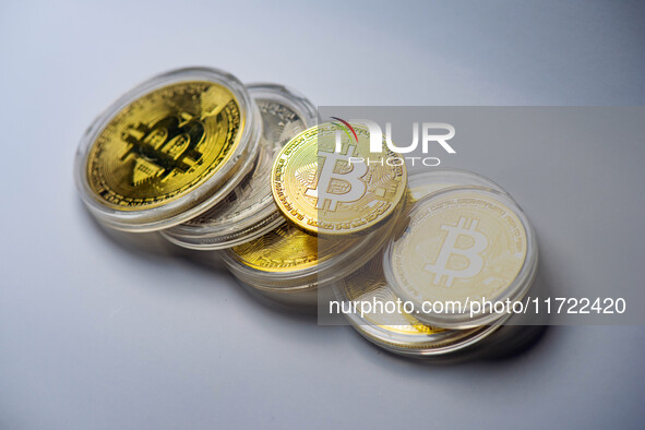 Bitcoin model commemorative coins are displayed in Huai'an, China, on October 30, 2024. 