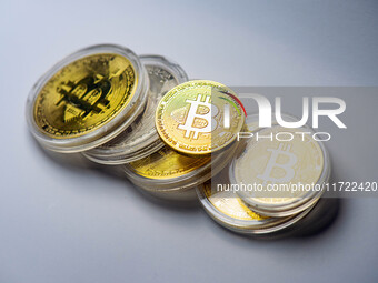 Bitcoin model commemorative coins are displayed in Huai'an, China, on October 30, 2024. (