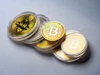 Bitcoin model commemorative coins are displayed in Huai'an, China, on October 30, 2024. (