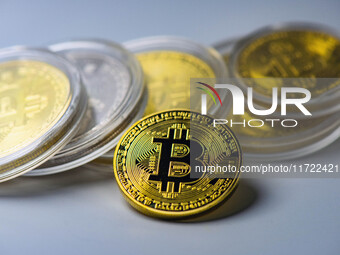 HUAI'AN, CHINA - OCTOBER 30, 2024 - Bitcoin model commemorative coins are displayed in Huai 'an city, Jiangsu province, China, Oct 30, 2024....