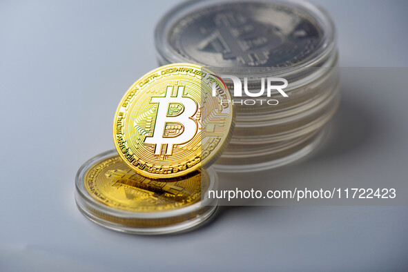 Bitcoin model commemorative coins are displayed in Huai'an, China, on October 30, 2024. 