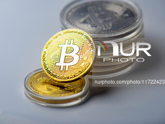 Bitcoin model commemorative coins are displayed in Huai'an, China, on October 30, 2024. (