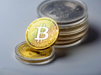 Bitcoin model commemorative coins are displayed in Huai'an, China, on October 30, 2024. (