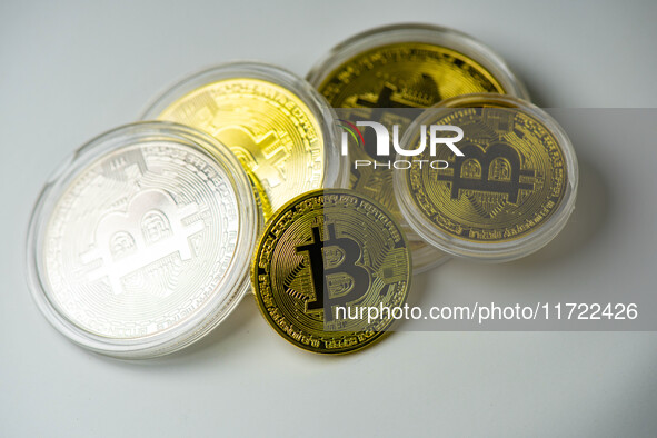 Bitcoin model commemorative coins are displayed in Huai'an, China, on October 30, 2024. 