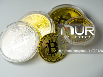 Bitcoin model commemorative coins are displayed in Huai'an, China, on October 30, 2024. (