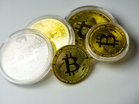 Bitcoin model commemorative coins are displayed in Huai'an, China, on October 30, 2024. (