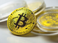 HUAI'AN, CHINA - OCTOBER 30, 2024 - Bitcoin model commemorative coins are displayed in Huai 'an city, Jiangsu province, China, Oct 30, 2024....