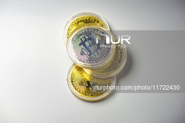 Bitcoin model commemorative coins are displayed in Huai'an, China, on October 30, 2024. 