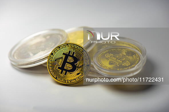 Bitcoin model commemorative coins are displayed in Huai'an, China, on October 30, 2024. 