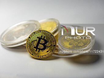 Bitcoin model commemorative coins are displayed in Huai'an, China, on October 30, 2024. (