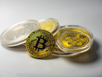 Bitcoin model commemorative coins are displayed in Huai'an, China, on October 30, 2024. (