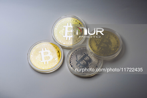 Bitcoin model commemorative coins are displayed in Huai'an, China, on October 30, 2024. 