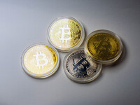 Bitcoin model commemorative coins are displayed in Huai'an, China, on October 30, 2024. (