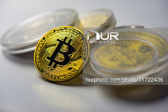 Bitcoin model commemorative coins are displayed in Huai'an, China, on October 30, 2024. 