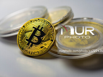 Bitcoin model commemorative coins are displayed in Huai'an, China, on October 30, 2024. (