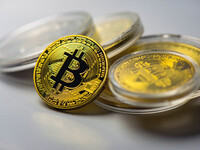 Bitcoin model commemorative coins are displayed in Huai'an, China, on October 30, 2024. (