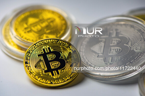 Bitcoin model commemorative coins are displayed in Huai'an, China, on October 30, 2024. 