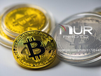 Bitcoin model commemorative coins are displayed in Huai'an, China, on October 30, 2024. (