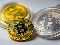 Bitcoin model commemorative coins are displayed in Huai'an, China, on October 30, 2024. (