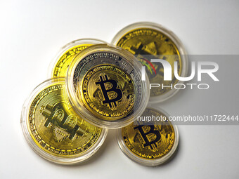 Bitcoin model commemorative coins are displayed in Huai'an, China, on October 30, 2024. (