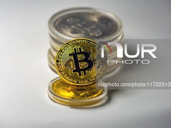 HUAI'AN, CHINA - OCTOBER 30, 2024 - Bitcoin model commemorative coins are displayed in Huai 'an city, Jiangsu province, China, Oct 30, 2024....