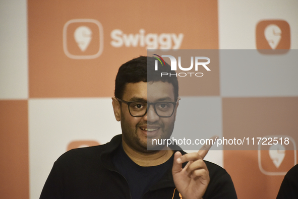 Sriharsha Majety, Managing Director and Group Chief Executive Officer of Swiggy, speaks at a press conference announcing its forthcoming Ini...