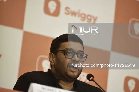 Sriharsha Majety, Managing Director and Group Chief Executive Officer of Swiggy, speaks at a press conference announcing its forthcoming Ini...