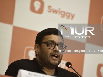 Sriharsha Majety, Managing Director and Group Chief Executive Officer of Swiggy, speaks at a press conference announcing its forthcoming Ini...