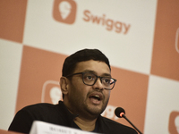 Sriharsha Majety, Managing Director and Group Chief Executive Officer of Swiggy, speaks at a press conference announcing its forthcoming Ini...