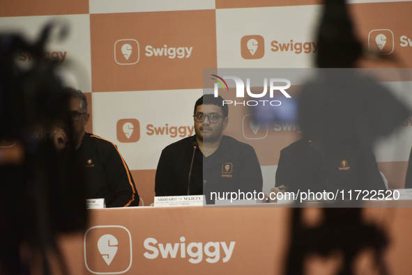 Sriharsha Majety, Managing Director and Group Chief Executive Officer of Swiggy, speaks at a press conference announcing its forthcoming Ini...