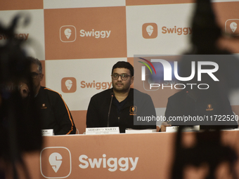 Sriharsha Majety, Managing Director and Group Chief Executive Officer of Swiggy, speaks at a press conference announcing its forthcoming Ini...