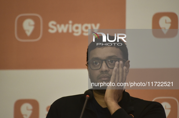 Sriharsha Majety, Managing Director and Group Chief Executive Officer of Swiggy, speaks at a press conference announcing its forthcoming Ini...