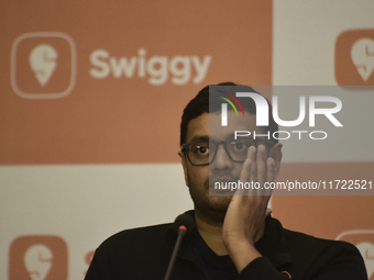 Sriharsha Majety, Managing Director and Group Chief Executive Officer of Swiggy, speaks at a press conference announcing its forthcoming Ini...