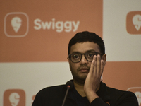 Sriharsha Majety, Managing Director and Group Chief Executive Officer of Swiggy, speaks at a press conference announcing its forthcoming Ini...