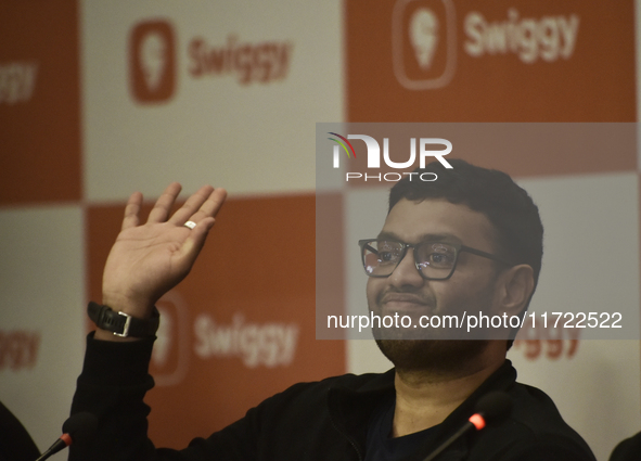 Sriharsha Majety, Managing Director and Group Chief Executive Officer of Swiggy, speaks at a press conference announcing its forthcoming Ini...