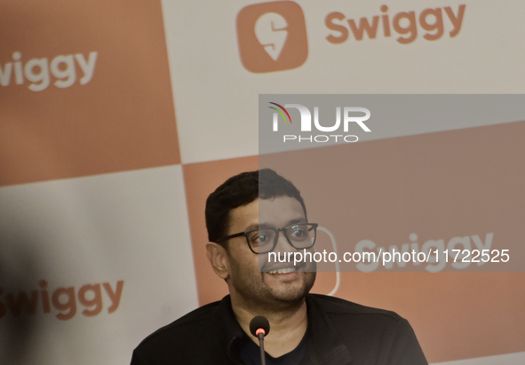 Sriharsha Majety, Managing Director and Group Chief Executive Officer of Swiggy, speaks at a press conference announcing its forthcoming Ini...