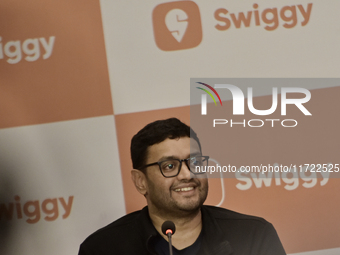 Sriharsha Majety, Managing Director and Group Chief Executive Officer of Swiggy, speaks at a press conference announcing its forthcoming Ini...