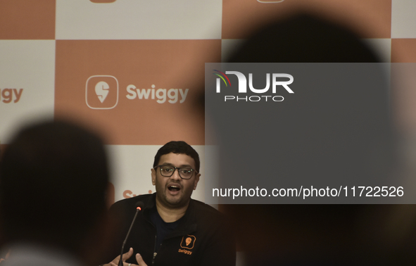 Sriharsha Majety, Managing Director and Group Chief Executive Officer of Swiggy, speaks at a press conference announcing its forthcoming Ini...