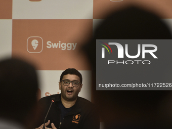 Sriharsha Majety, Managing Director and Group Chief Executive Officer of Swiggy, speaks at a press conference announcing its forthcoming Ini...