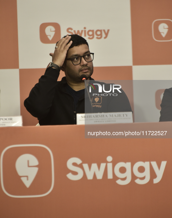 Sriharsha Majety, Managing Director and Group Chief Executive Officer of Swiggy, speaks at a press conference announcing its forthcoming Ini...