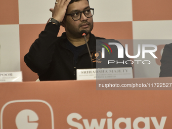 Sriharsha Majety, Managing Director and Group Chief Executive Officer of Swiggy, speaks at a press conference announcing its forthcoming Ini...