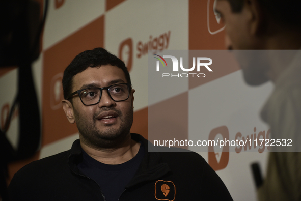 Sriharsha Majety, Managing Director and Group Chief Executive Officer of Swiggy, speaks at a press conference announcing its forthcoming Ini...