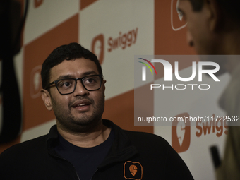 Sriharsha Majety, Managing Director and Group Chief Executive Officer of Swiggy, speaks at a press conference announcing its forthcoming Ini...