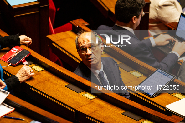 Eric Woerth, deputy of the Ensemble pour la Republique parliamentary group, is seen during the public session following the discussion of th...