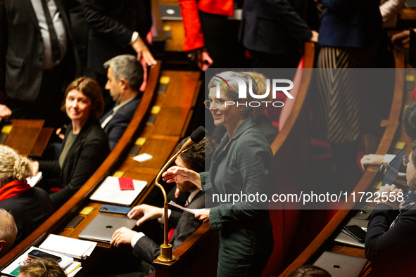 In Paris, France, on October 29, 2024, Sandrine Rousseau, deputy of the Ecologiste et Social group, speaks during the public session followi...